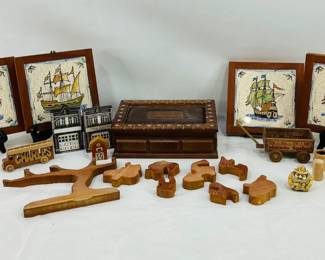 Decorative Ceramic Ship Tiles, Wooden Jewelry Box, Ball Pot Bellies Fireman Trinket Box & More