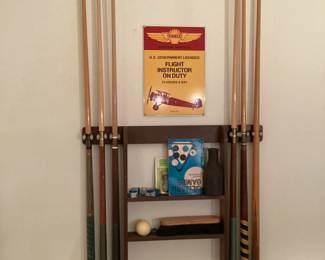 Pool Table Accessories Wall Mounted Pool Cue Rack with Cues Pool Bals and a Ball Rack