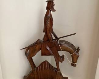 Hand Carved Wooden Statue of Don Quixote on His Horse Rocinante