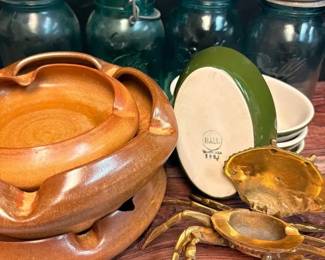 Vintage Pottery By Hall, Mason Jars, A Brass Crab Ashtray