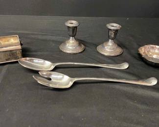 Sterling Silver Candlesticks Silver Plate Lot Inkwell Serving Spoons Small Serving Tray