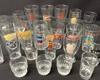 20 Branded Beer Glasses Of Various Shapes And Sizes With 3 Libby Duratuff Whisky Glasses.