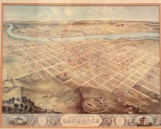 'Birds Eye View' map of Lawrence originally done in 1869. Nicely Framed