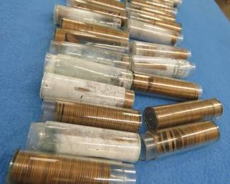 Lot 284. Twelve full or partially full tubes of wheat pennies. Dates unknown because we couldn't open the tubes, which seem to have shrunk over time.