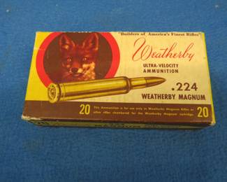 Lot 387. 20 unprimed cases for Weatherby 224 mag. in a vintage box and an empty box for Winchester 32 cal. in fair condition