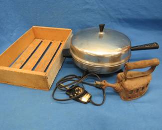 Lot 199. Electric frying pan, old gas iron, and a berry box