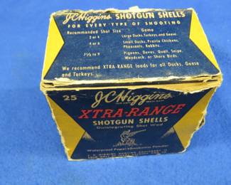 Lot 88. 25 JC Higgins 16-gauge paper-hull rounds in a vintage box that is in poor condition