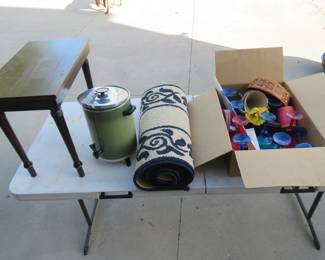 Lot 105. Box lot including a small piano bench, hallway carpet runner in VGC, clean coffee pot, and party decorations