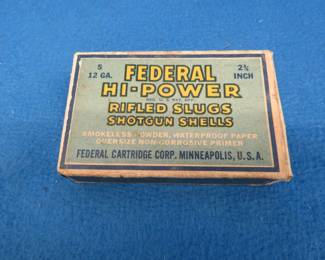 Lot 87. Vintage Federal 12-gauge slugs. Box is in good condition.