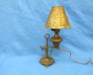 Lot 140. Vintage lamp with a metal base and shade. China and glassware. New-in-the-box Patriot Lighting ceiling light.