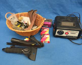 Lot 82. Schumacher 10/2 amp battery charger, hardware including fasteners, strap hinges, air hose kit, and more.