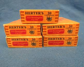 Lot 210. 88 rounds of Herter's 223. Rem. 55-grain FMJ. Four full and one partial box.
