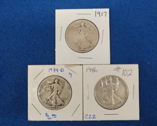 Lot 307. Three Walking Liberty half dollars, 1917, 1934 D, 1946