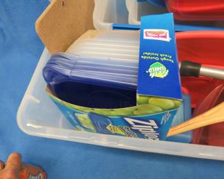 Lot 91. Tote with storage containers, foam brushes, food wrap, and more