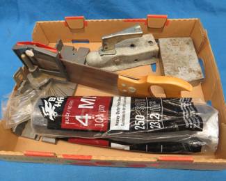Lot 171. 1 7/8" trailer hitch, miter saw, drill bits, and 4-mil plastic sheeting