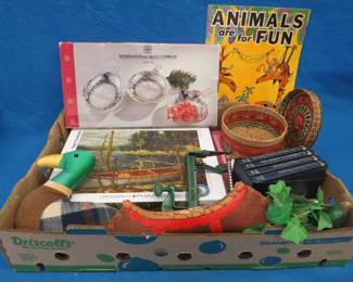 Lot 164. Misc. household items including an apple peeler, birch bark canoe, and more