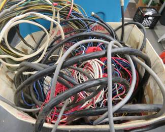 Lot 334. Mostly scrap insulated wire with some coaxial cable. Box and scrap weigh approx. 11 lbs.