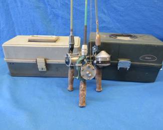 Lot 256. Two tackle boxes with contents and three fishing rods