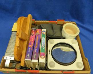 Lot 377. Disney VHS movies, collapsible wooden basket, and more