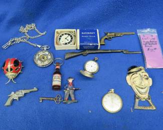 Lot 62. Smalls including four pocket watches, one with the box and one with a chain and more
