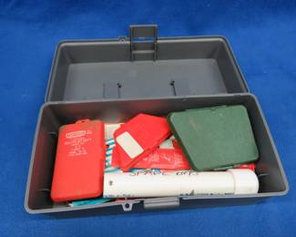 Lot 369. Plastic toolbox with drill bits, some router bits, and more