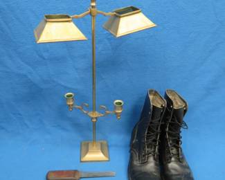 Lot 217. Size 11 R military boots, brass candlestick holder and a knife with sheath
