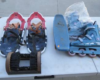 Lot 109. Snowshoes, skateboard, boot scraper, and size 9 rollerblades