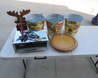 Lot 107. Like new toaster oven, three Candyland pails, reindeer, and lazy Susan