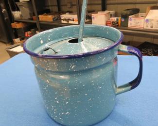 Lot 331. Unique vintage blue enamel water container with ladle