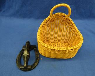 Lot 181. Brass horse-head door knocker and a small basket