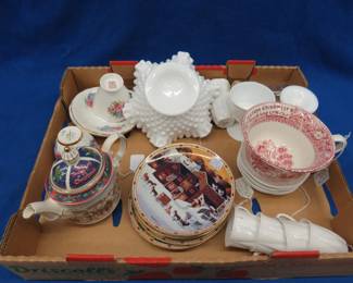 Lot 357. Hobnail Milk glass, pink depression glass, china, collectible plates, and more