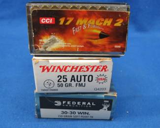 Lot 326. Range day hodge-podge, partial boxes of 17 Mach 2, 25 auto, 30-30
