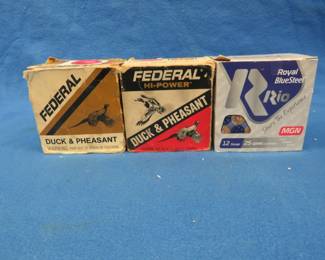 Lot 244. Two partial boxes (see photos) of Federal 6-shot 12-gauge shotgun shells and one full box of 25 Rio 12-gauge 5-shot shotgun shells