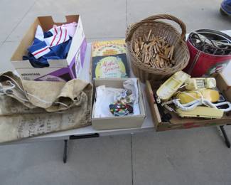 Lot 103. Box lot including a Navy sea bag, old clothes pins, and more