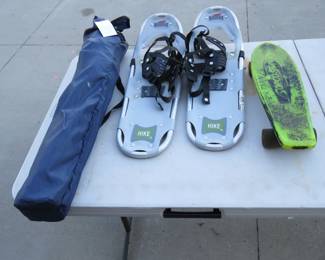 Lot 108. Snowshoes, camp chair, and skateboard