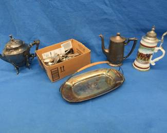 Lot 234. Very old silverplate items, stainless flatware, and a beer mug