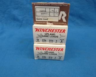 Lot 246. Two boxes of 25 Winchester 12-gauge 6-shot shotgun shells and one box of 25 Rio 12-gauge 6-shot shotgun shells.