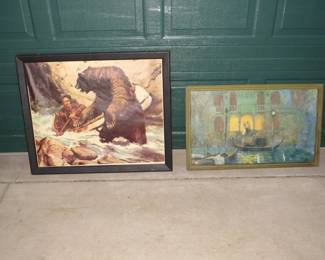 Lot 228. Two pieces of framed wall art. 1956 outdoor scene 34" x 28" and a Venetian scene 32" x 20"