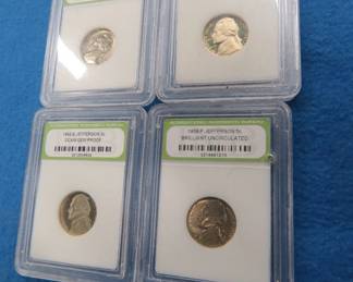 Lot 288. Four Jefferson nickels, all slabbed and graded by INB: 1959-P BU, 1962-D BU, 1981-S DCAM Gem Proof, 1992-S DCAM Gem Proof