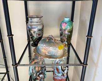 Majolica, Painted Glass Vase, Cheese Dome with Tray 