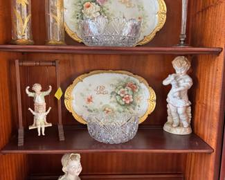 More Limoges,  Bisque including Piano Baby, Cut Glass, Porcelain Girls on Swing,  Moser Style Vases 