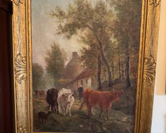 S.P.A.   Brittany Cows on Road   Oil on Canvas 