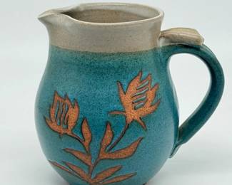 57 VintageTurquoiseGreyPotteryPitcherwFlowerDesign