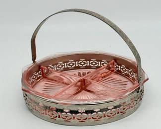 103 VintagePinkDepressionGlassDividedServingTraywMetalBasket
