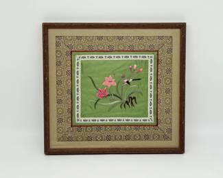 13 VintageChineseGreenSilkEmbroideryHandkerchiefsFramedArt