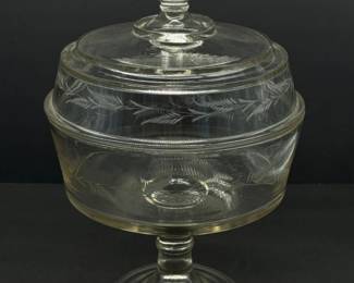 114 VintageEtchedGlassPedestalCoveredDish