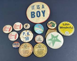 Vintage Collectors Novelty Pins Ike 56, Sports, and Others