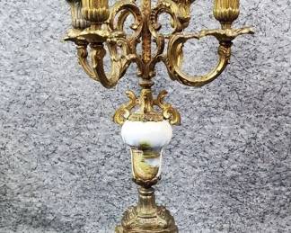Antique Brass and Ceramic French 5 Arm Candelabra