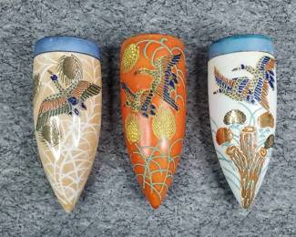 Asian Luster Moriage Painted Bird Themed Wall Pockets