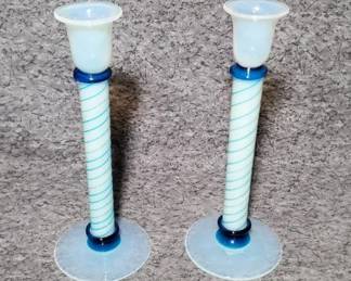 Fry Foval Opalescent Art Glass Candlesticks Pair